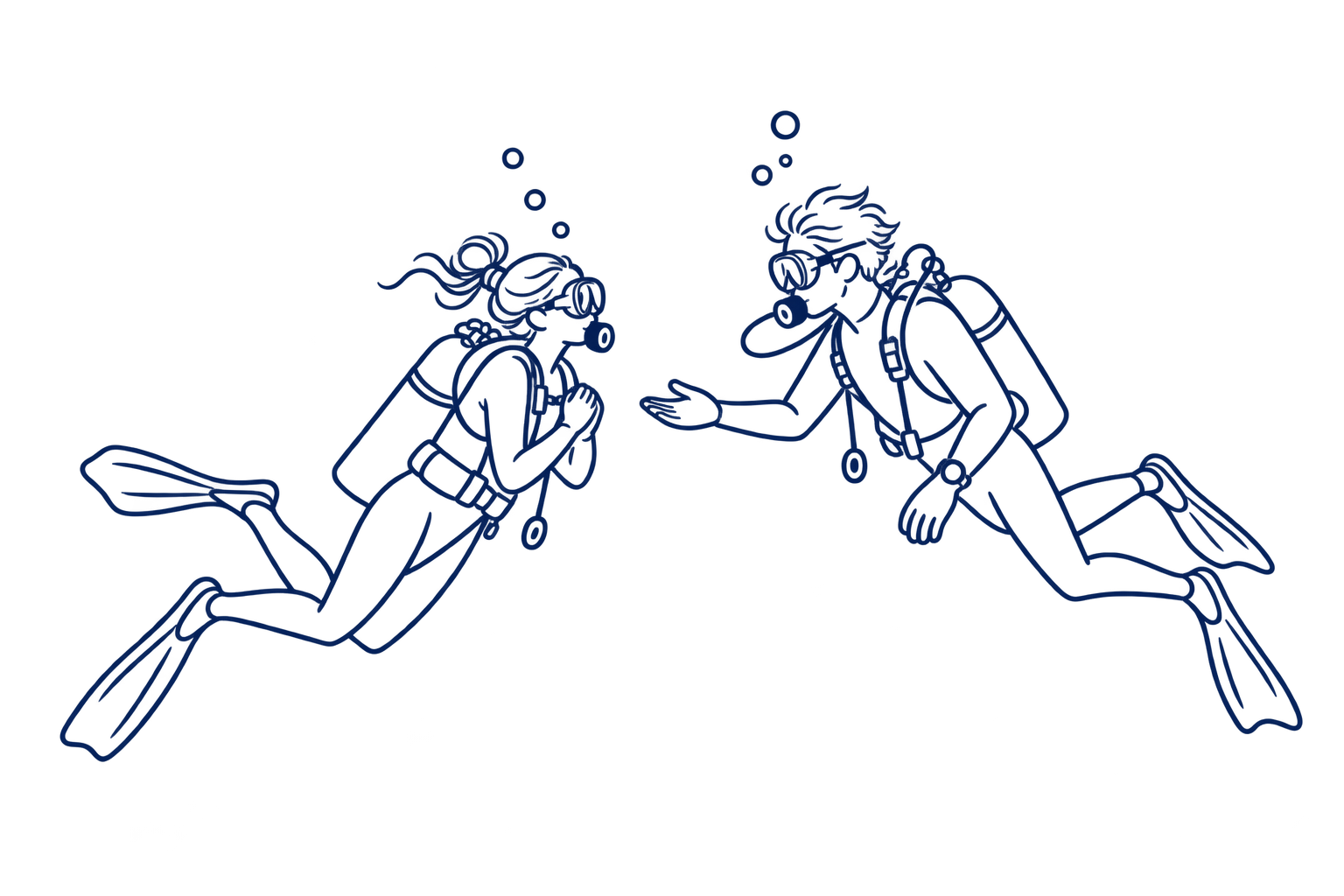 手繪故事插圖:教練耐心陪伴學員在水下練習